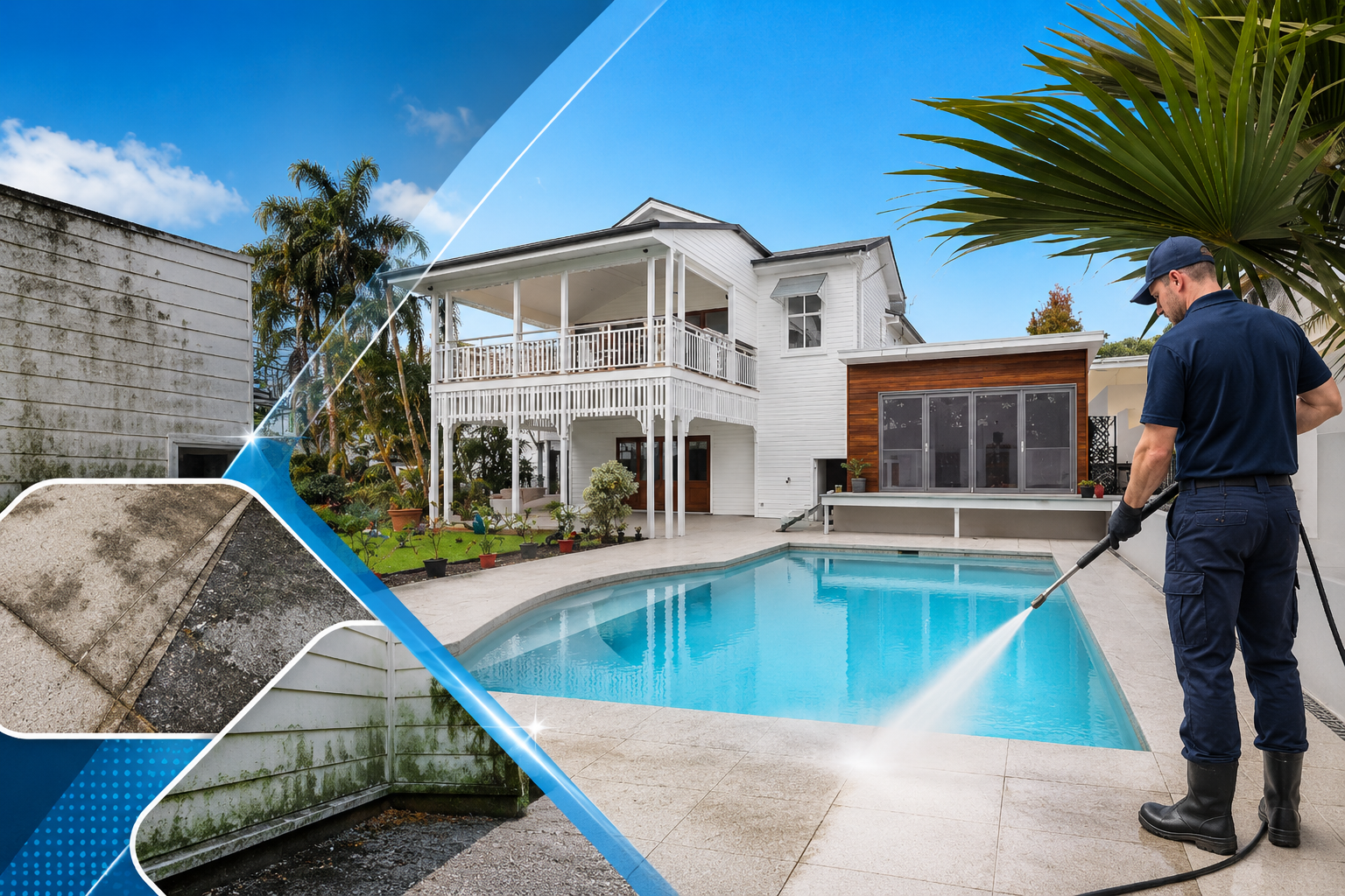 Two-story white home with a pool, recently pressure washed and ready for summer