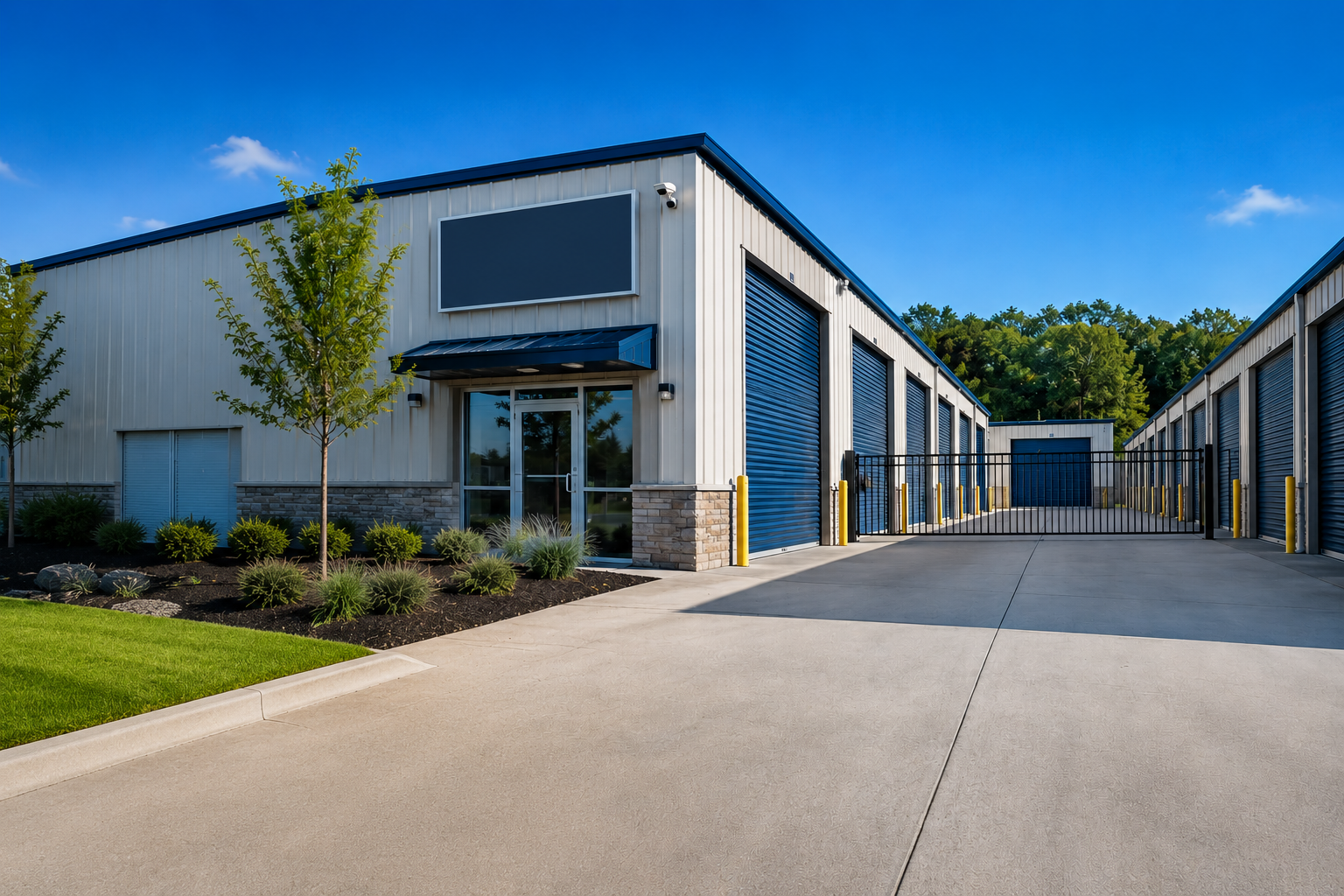 Modern self-storage facility with blue roll-up doors, a gated drive, and landscaped frontage