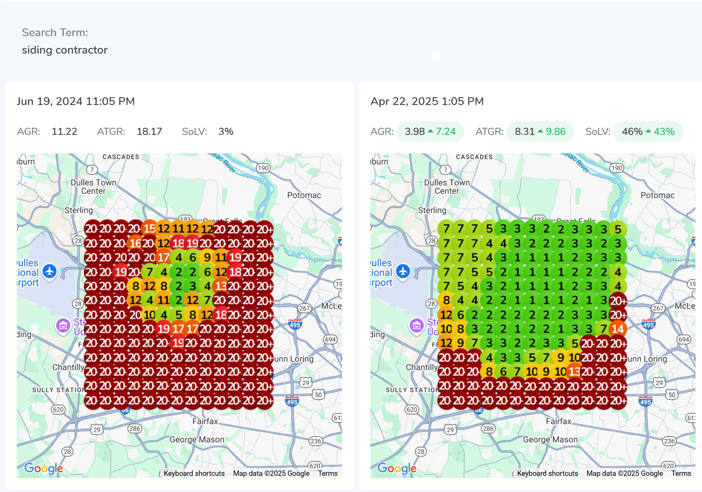 Geogrid comparison for a siding contractor showing rankings for the keyword 'siding contractor' improving from mostly 20+ on June 19, 2024 to a green-dominant grid with 1-3 rankings on April 22, 2025